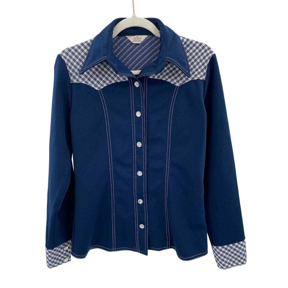 Prior Westerns Prior Press Button Front Shirt Womens Medium Blue White Vintage View 2
